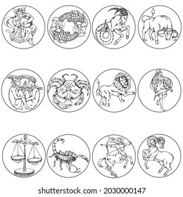 Zodiac signs set. Linear illustrations of animals and symbols. The nature and essence of a person by date of birth and the influence of the planets. Vector