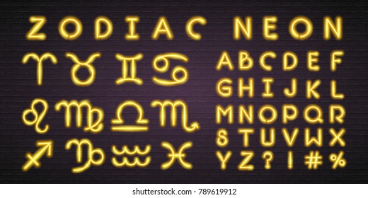 Zodiac Signs Set Neon Light Glowing Bright and Alphabet Neon Set Yellow Colour