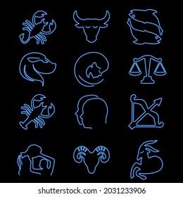Zodiac signs set neon, modern glowing banner design, colorful trend of modern design on black background. Vector illustration.