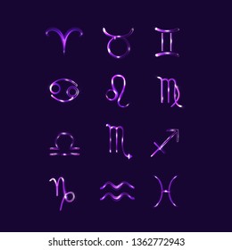 Zodiac signs set on dark background, horoscope, shining signs of the zodiac