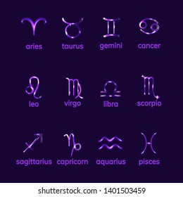 Zodiac signs set on dark background, horoscope, astrological signs