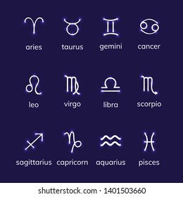 Zodiac signs set on dark background, horoscope, astrological signs