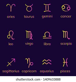 Zodiac signs set on dark background, horoscope, astrological signs