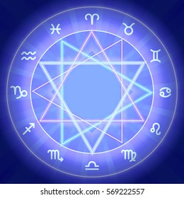 Zodiac signs set on shiny magic circle. Mandala background. Zodiac icons collection. Vector illustration.