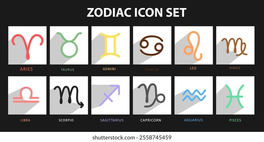 Zodiac signs set on white background. Isolated horoscope zodiac symbols with shadow: Aries, Taurus, Gemini, Cancer, Leo, Virgo, Libra, Scorpio, Sagittarius, Capricorn, Aquarius, and Pisces.