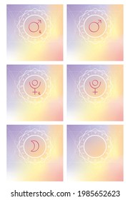 Zodiac signs set. Retrograde Mars, Pluto and the Moon. Symbols of planets on a light background
