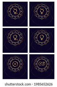 Zodiac signs set. Retrograde mercury, venus, sun and eclipse. Gold drawing on a dark blue background. Square size.