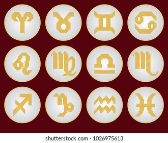 Zodiac signs. Set round zodiac icons with knitted symbols. Vector Illustration