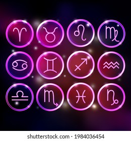 zodiac signs set, round icons on purple background, horoscope symbols neon shiny