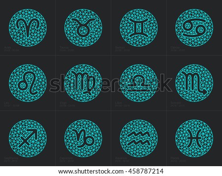 Zodiac signs. Set round zodiac icons with captions - for web and print. Vector Illustration.