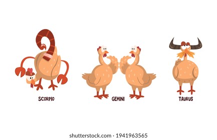 Zodiac Signs Set, Scorpio, Gemini, Taurus, Funny Turkey Character, Chinese Horoscope Elements Cartoon Vector Illustration