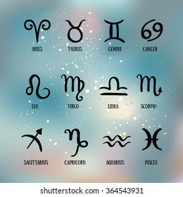 Zodiac signs. Set of simple zodiac with captions . Zodiac  vector symbols