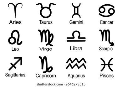 Sinais zodíacos ativados. Símbolos simples do ícone do zodíaco Áries, Touro, Gêmeos, Gêmeos, Virgem, Libra, Escorpião, Sagitário, Capricórnio, Peixes. Design de ilustração vetorial.