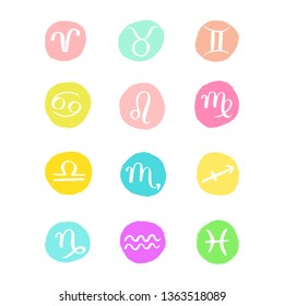 Zodiac signs. Set of simple round zodiac icons with captions. Collection of horoscope signs. Ready-to-print design template. Vector illustration.