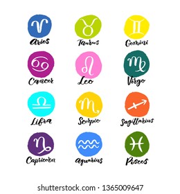 Zodiac signs. Set of simple round zodiac icons with handdrawn brush lettering. Horoscope signs. Ready-to-use design template. Vector illustration.