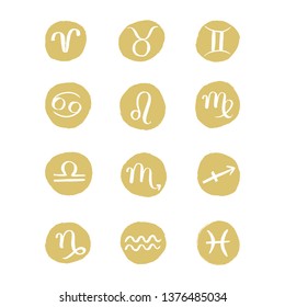 Zodiac signs. Set of simple round zodiac icons with captions. Collection of horoscope signs. Ready-to-print design template. Vector illustration.