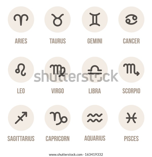 Zodiac signs. Set of simple round\
zodiac icons with captions - for web and print.  Zodiak signs.\
