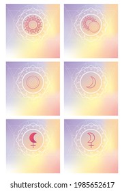 Zodiac signs set. Sun, moon and lilith. Symbols of planets on a light background. Square size.