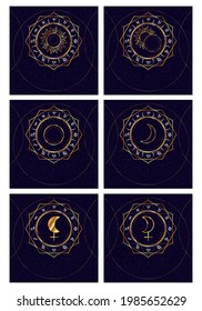 Zodiac signs set. Sun, moon and lilith. Gold drawing on a dark blue background. Square size.