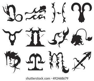 Zodiac signs set in thai tattoo style isolated on white background.