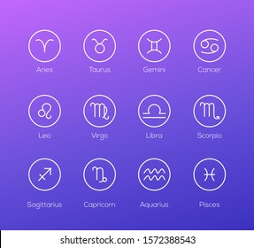 Zodiac signs - set of twelve astrological symbols. A collection with aries, taurus, gemini, cancer, leo, virgo, libra, scorpio, sagittarius, capricorn, aquarius, pisces. Horoscope, astronomy icons