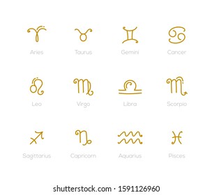 Zodiac signs - set of twelve astrological symbols. A collection with aries, taurus, gemini, cancer, leo, virgo, libra, scorpio, sagittarius, capricorn, aquarius, pisces. Horoscope, astronomy icons