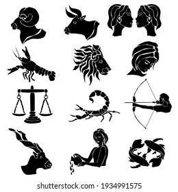 Zodiac signs, set of twelve silhouettes with astrological symbols vector illustration