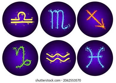Señales de Zodiac. Iconos vectores de zodiac. Símbolos astrológicos como elementos de agua, fuego, aire y tierra. 