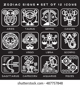 Zodiac Signs - Set Of Vector Icons. White Illustration Of Zodiac Symbols. 12 Isolated Images On Black Background.