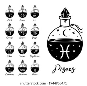 Señales de Zodiac. Ilustración vectorial sobre el tema de la astrología y los horóscopos. Mágicos, místicos símbolos celestiales. Siluetas monocromas. Elementos de diseño de Boho.