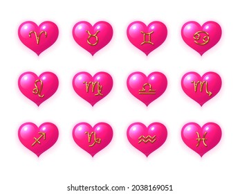 Zodiac signs in the shape of a heart set. Twelve astrological symbols in pink hearts collection. Love horoscope design realistic vector illustration