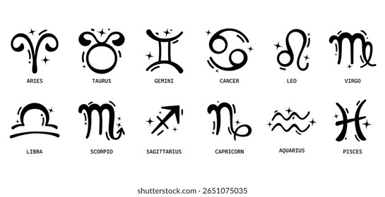 Símbolos zodíacos silhueta astrologia clipart set. Horóscopo do zodíaco desenho esboço clip art de 12 mês de nascimento coleção de símbolo astrológico ilustração vetorial. 

