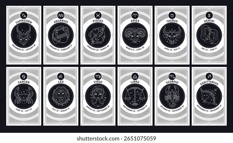 Zodíaco sinais silhueta cartões clipart conjunto. Astrological zodiac poster clip art of birth month symbol in outline draw pictogram card collection vetor illustration. 
