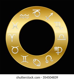 Zodiac signs silver on golden ring. Vector illustration on black background.