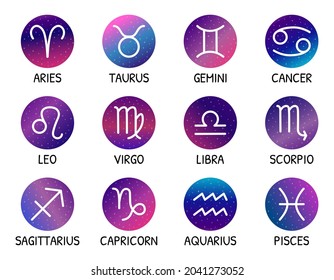 Signos zodiacos. Diseño estelar. Conjunto de vectores. Símbolos zodiacos en el cielo estrellado. Elementos astrológicos aislados. 