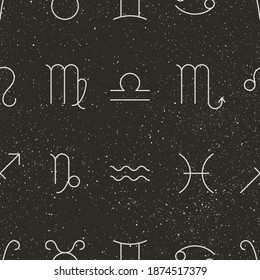 Zodiac signs and Stars Seamless Pattern. Vector Black Background of Horoscope Symbols - Aries, Taurus, Gemini, Cancer, Leo, Virgo, Libra, Scorpio, Sagittarius, Capricorn Aquarius and Pisces
