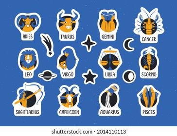 Zodiac signs sticker pack. Set of twelve astrological signs and elements with cutting outlines. Vector hand drawn illustration