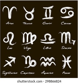 Zodiac signs. Stylized brush. Hand drawn. Set of isolated vector icons. Black background. 
1