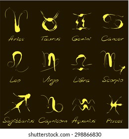Zodiac signs. Stylized brush. Hand drawn. Set of isolated vector icons. Black background. 2 