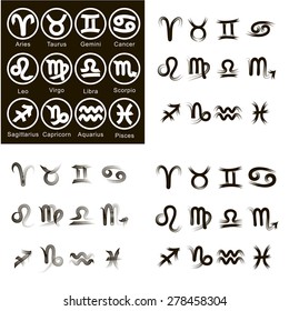 Zodiac signs. Stylized hand drawing. Set of isolated vector icons. White background.  