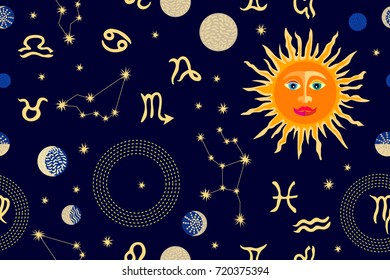 Zodiac signs and the sun. Abstract seamless vector pattern with constellations, planets and astrological symbols. 1950s-1960s motifs. Retro textile collection. Golden on dark.