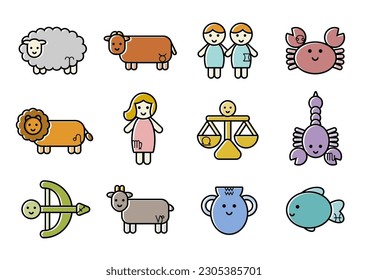 Zodiac signs and symbols. Astrology vector illustration. Pictogram elements constellation icon.
White background.
