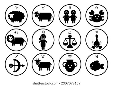 Zodiac signs and symbols. Astrology vector illustration. Pictogram elements constellation icon.
White background.