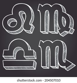 Zodiac signs. Symbols drawn with chalk on blackboard. Vector.