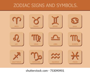 Zodiac signs and symbols. Horoscope and astrology on brown background vector illustration.