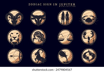 Zodiac signs symbols on the planet Jupiter. Flat and stylized graphics for horoscope, natal theme: astrology concept.