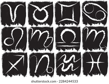 zodiac signs symbols white and black charcoal brush grunge style