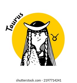 Zodiac signs Taurus comic face and character of people in style of doodles for avatar in yellow circle