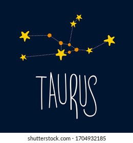 Zodiac signs. Taurus symbol. Constellation on dark blue background. Astrology. Doodle and freehand drawing in the modern style. Scandinavian style clipart. Vector illustration.