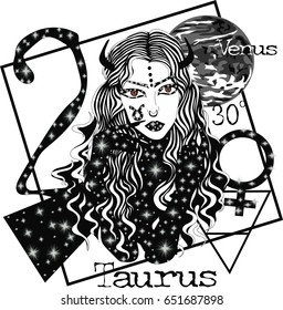 Zodiac signs Taurus - Vector illustration of the girl with long dark hair -  Abstract Vector Art